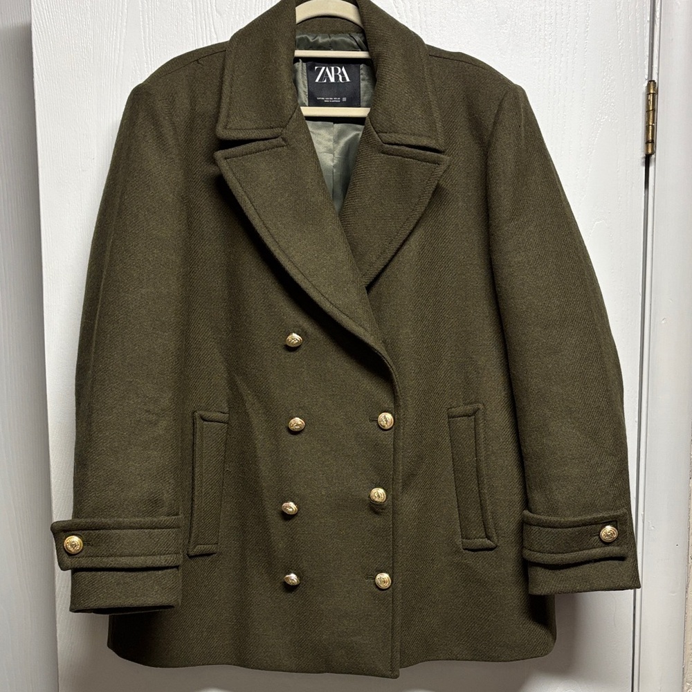 Zara Olive Green Coat with Wool blend Double Breasted Coat